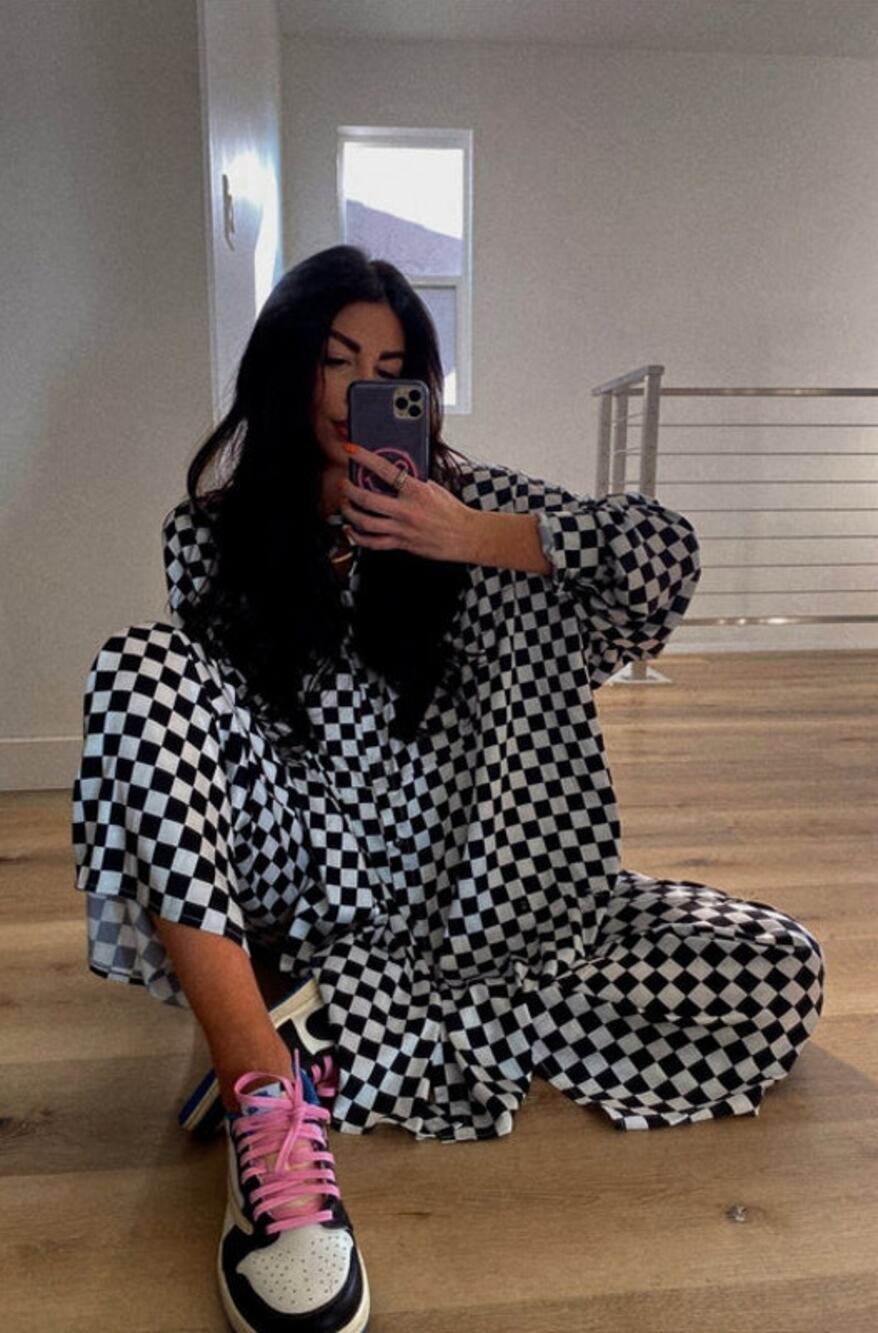 Dressed In Lala Checkerboard Button-Up Satin Shirt & Pants Set Small $172 MSRP